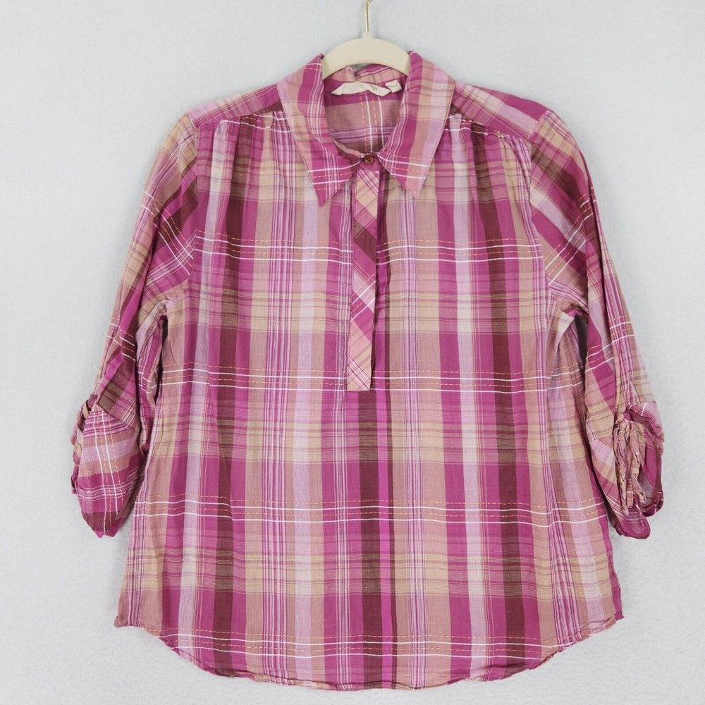 Soft Surroundings Shirt Womens Medium Pink Arietta Plaid Lightweight 3/4 Sleeve